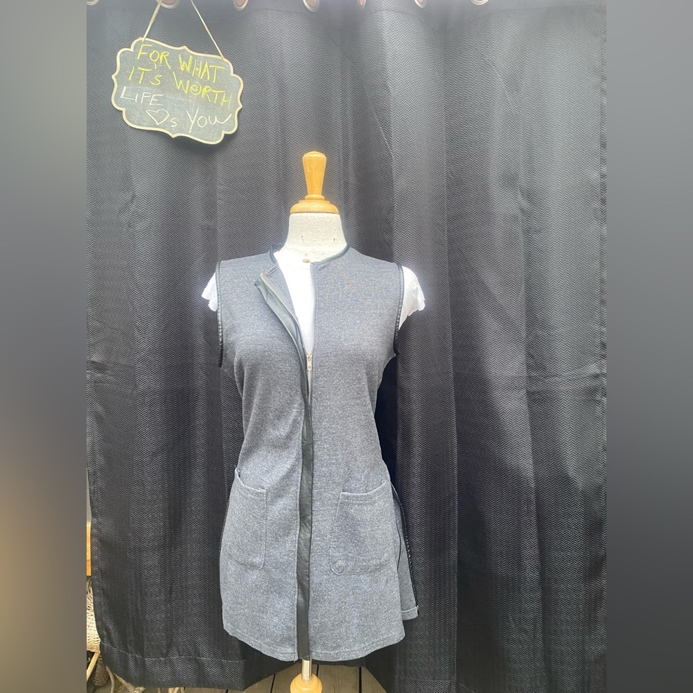 Vintage DKR&CO Studio Charcoal Grey Leather Trim Zip Cardigan Vest Dress- Size M